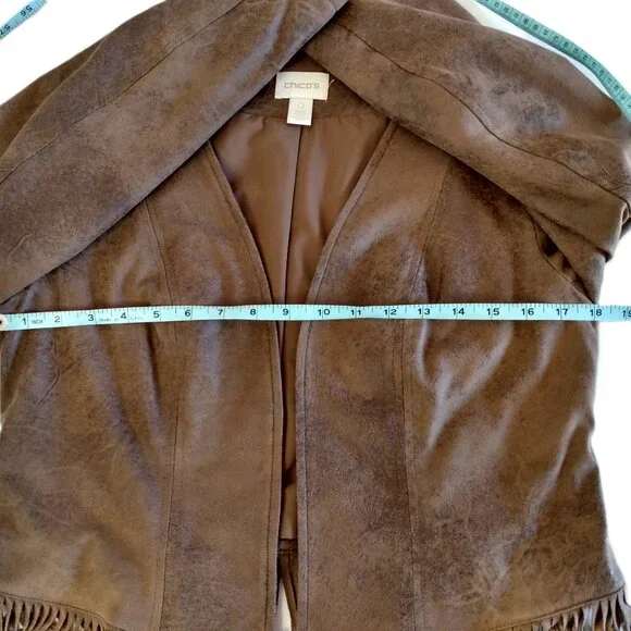Chicos Jacket Women Size 0/S/4 Brown Faux Suede Fringe Boho Western Festival - Picture 6 of 15